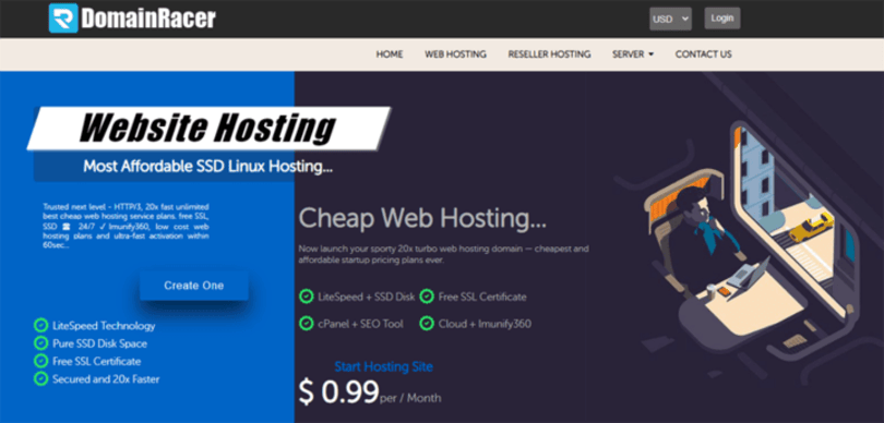 DomainRacer webhosting page